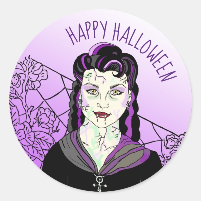 Sticker Rond Joyeux Vampire d'Halloween et toiles d'araignées (Devant)