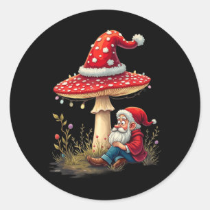 Sticker Rond Joyeux Vintage Noël Gnome Champignons Père Noël