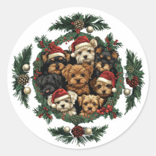 Sticker Rond Joyeux Yorkshire Terrier Chiens de Noël
