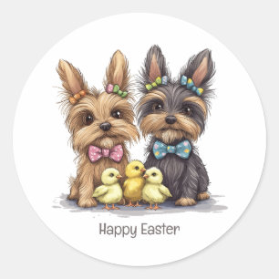 Sticker Rond Joyeux Yorkshire Terrier Chiens de Pâques