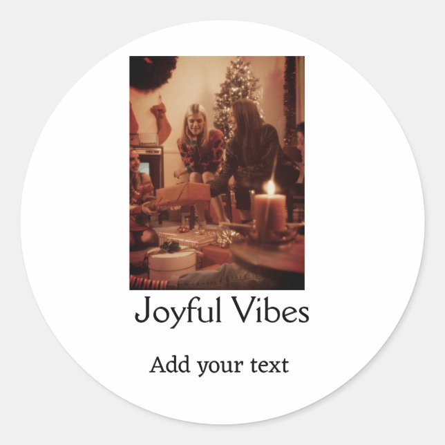 Sticker Rond Joyful Vibes add family Christmas photo name simpl (Devant)