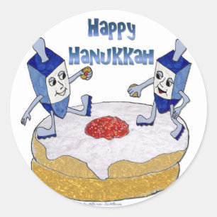 Sticker Rond Judaica Happy Hanukkah Dancing Dreidels