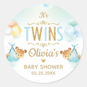 Sticker Rond Jumeaux Bébés Garçons Ours Mignons Ballons Baby Sh