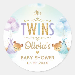 Sticker Rond Jumeaux Fille Garçon Ours Ballons Baby Shower