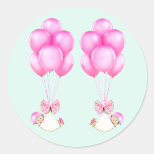 Sticker Rond Jumelles Filles Ballons Roses Baby Shower