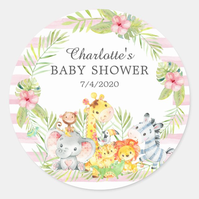Sticker Rond Jungle Animaux Baby shower Merci Favoriser (Devant)