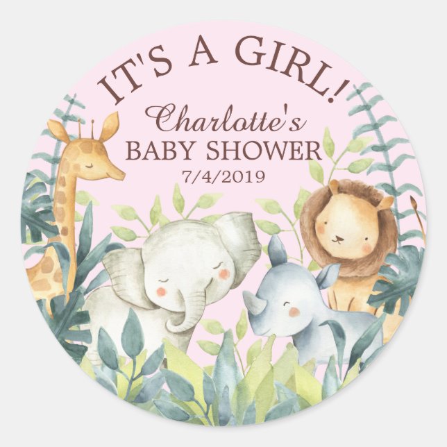 Sticker Rond Jungle Animaux Filles Baby shower Merci Favor (Devant)