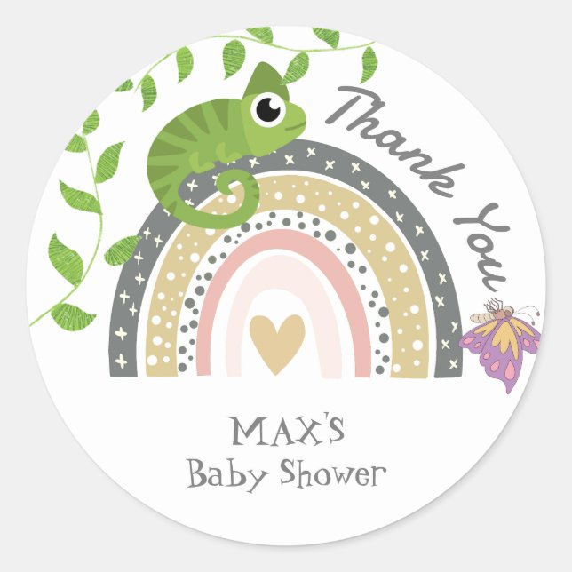 Sticker Rond Jungle, arc-en-ciel et Baby shower Chameleon Merci (Devant)