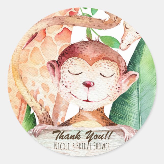Sticker Rond Jungle Monkey & Giraffe Baby shower Party Favorise (Devant)