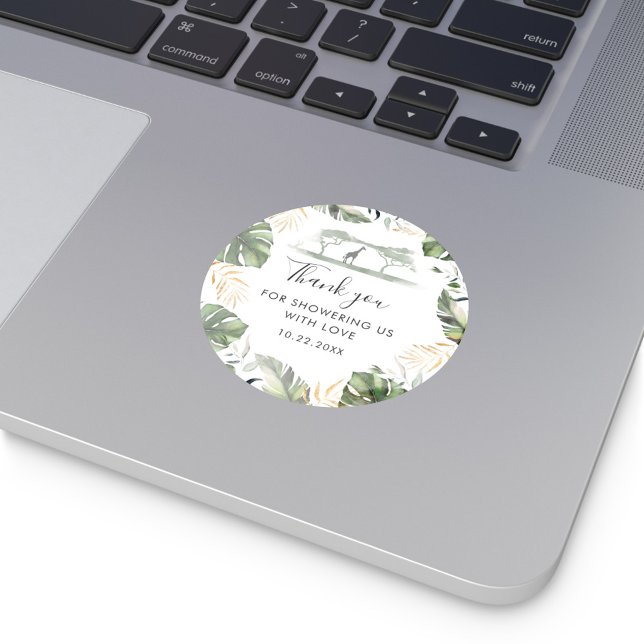Sticker Rond Jungle Safari Giraffe Palm Baby shower Favoriser (Baby Shower Greenery Thank You Sticker)