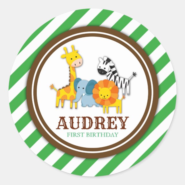 Sticker Rond Jungle Safari Zoo Animal Baby shower d'anniversair (Devant)