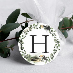 Sticker Rond Jungle Vert Sceau d'enveloppe Mariage Monogramme