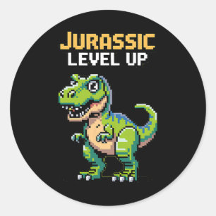 Sticker Rond Juric Level Up Pixel Dinosaur Rétro Joueur 