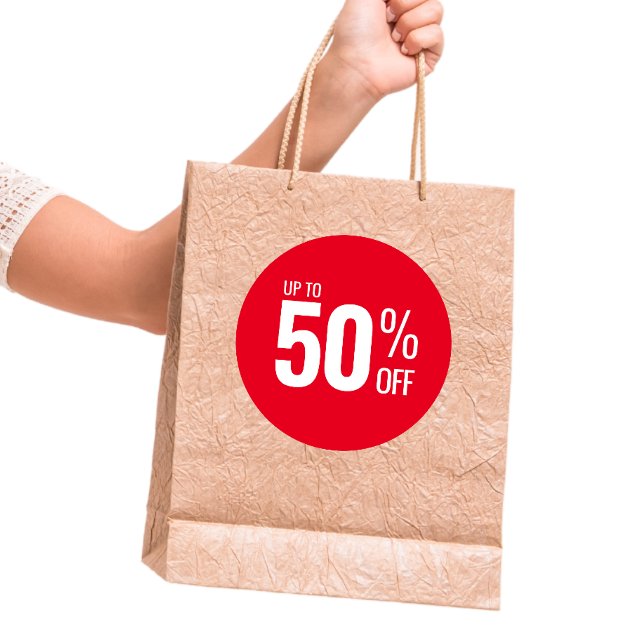 Sticker Rond Jusqu'à 50 % de réduction (cinquante) de la vente  (Créateur téléchargé)