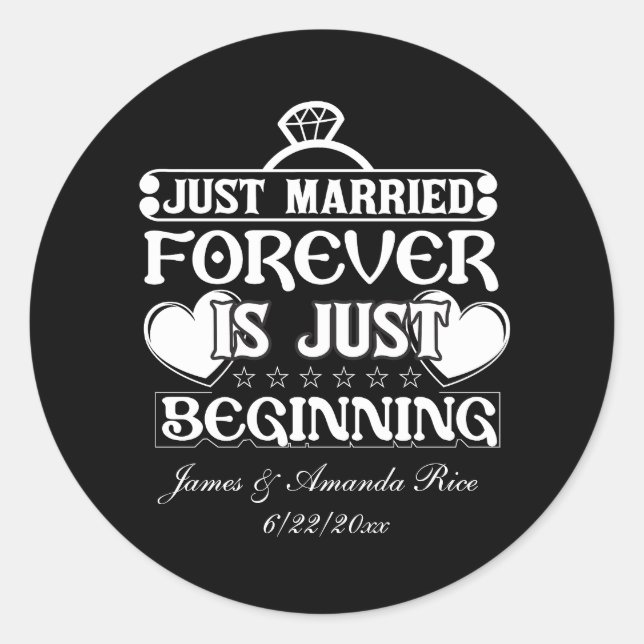 Sticker Rond Just Married ajouter des noms Date Mariage autocol (Devant)