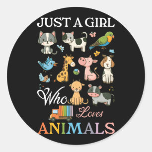 Sticker Rond Juste fille qui aime les animaux Chien Chat Cheval