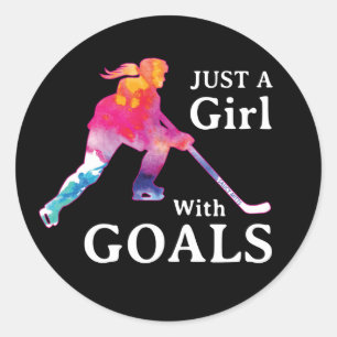 Sticker Rond Juste une fille avec des buts Hockey Aquarelle Cla