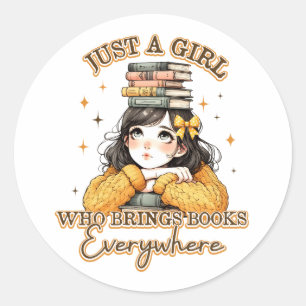 Sticker Rond Juste une fille qui apporte des livres partout