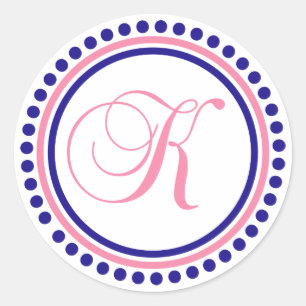 Sticker Rond K Monogramme (bleu marine/cercle à points roses)