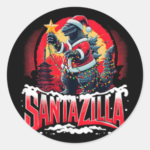 Sticker Rond Kaiju Noël Santazilla Monstre Japonais Dinosaure