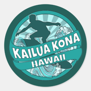 Sticker Rond Kailua Kona Hawaii logo turquoise surfer