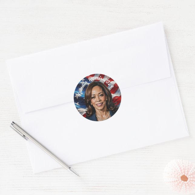 Sticker Rond Kamala Harris 2024 et American Flag (Enveloppe)