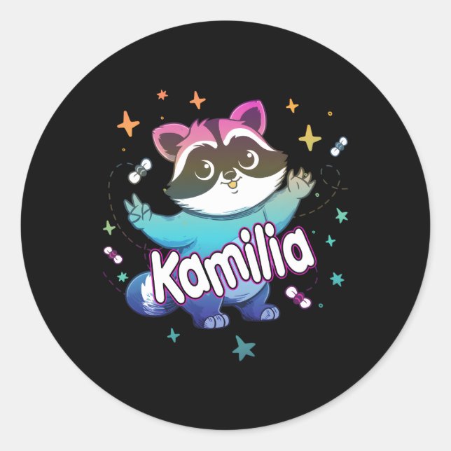Sticker Rond Kamilia Nom Adorable Avec Un Raccoon (Devant)
