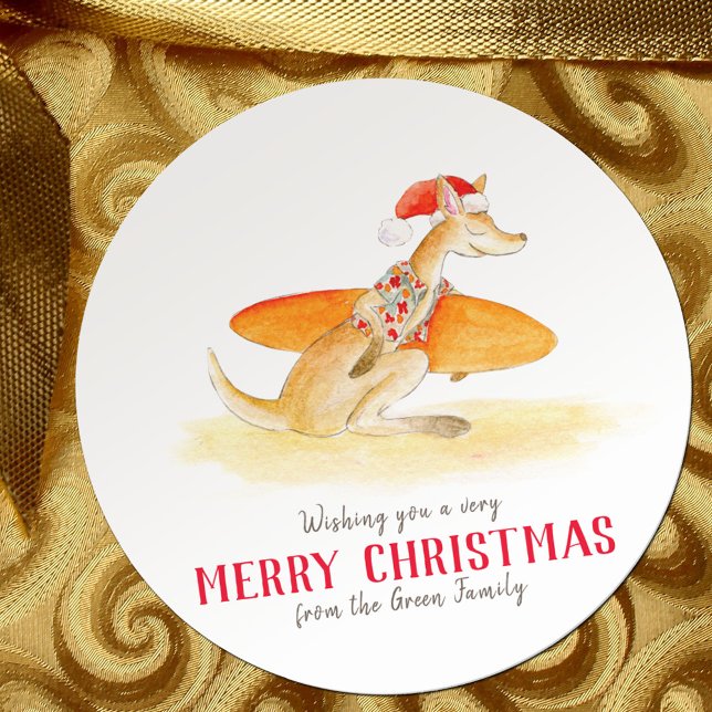 Sticker Rond Kangourou de surf mignon aquarelle Noël (Créateur téléchargé)