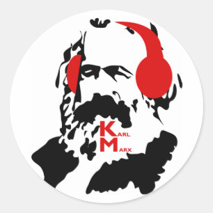 STICKER ROND KARL MARX AVEC DES ÉCOUTEURS