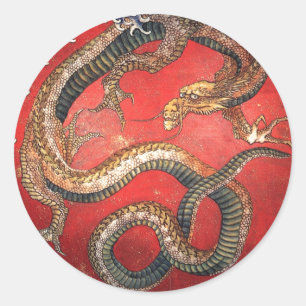 Sticker Rond Katsushika Hokusai Mythique Dragon Art