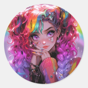 Sticker Rond Kawaii Arc-en-ciel Braids Anime Girl