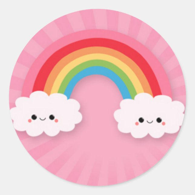 Sticker Rond Kawaii Arc en ciel et nuages sur Starburst rose (Devant)