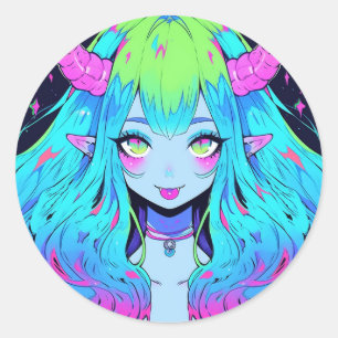 Sticker Rond Kawaii Bleu, rose et vert Anime fille démon