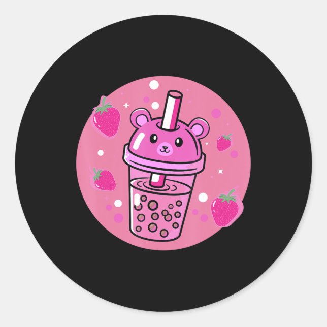 Sticker Rond Kawaii Boba Coupe Fraise Anime Buble Thé Cute (Devant)