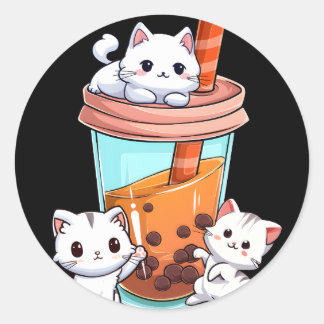 Sticker Rond Kawaii Boba Tea Cat Neko Bubble Tea Kitten
