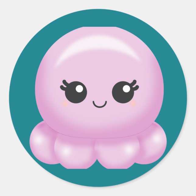 Sticker Rond Kawaii Cartoon Pink Octopus (Devant)
