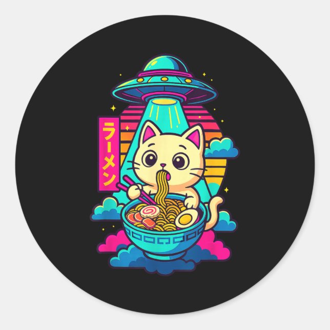 Sticker Rond Kawaii Cat Alien Ufo Ramen Graphic Tee Funny Japan (Devant)