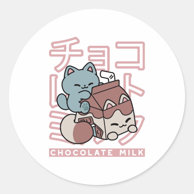 Sticker Rond Kawaii Cat with Chocolate Milk – Japanese Pop Art  (Devant)