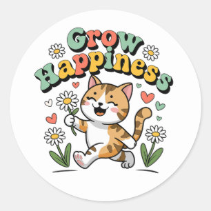 Sticker Rond Kawaii Chat Be Happy Summer Garden Motivational