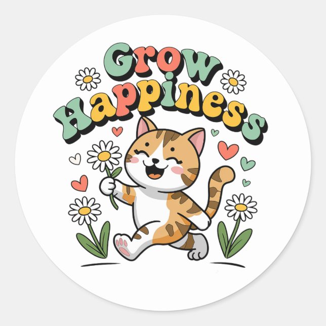 Sticker Rond Kawaii Chat Be Happy Summer Garden Motivational (Devant)