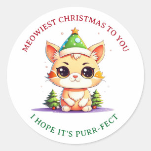 Sticker Rond Kawaii Christmas Kitten Pun chat de vacances