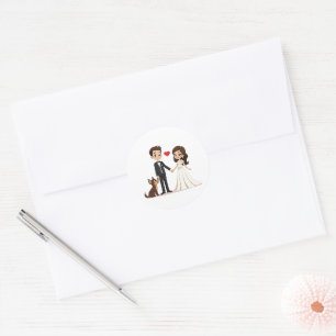 Sticker Rond Kawaii Couple Mariage avec Chiens - Style Chibi