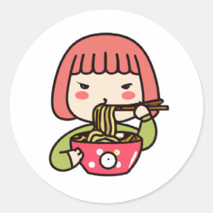 Sticker Rond Kawaii Fille mangeant Ramen avec baguettes