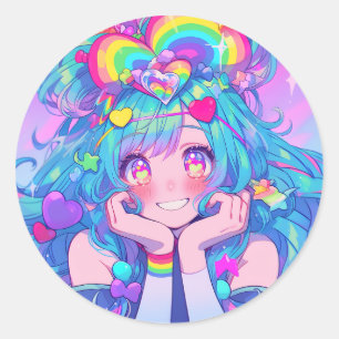 Sticker Rond Kawaii Fun Rainbow Anime Girl