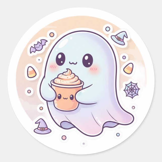 Sticker Rond Kawaii Ghost with Pumpkin Latte – Cute Halloween S (Devant)