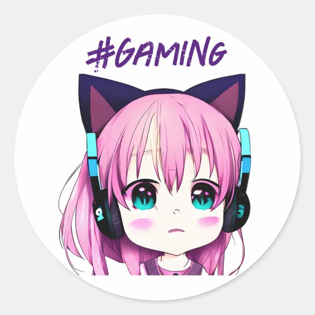 Sticker Rond Kawaii Girl avec casque sur (Devant)