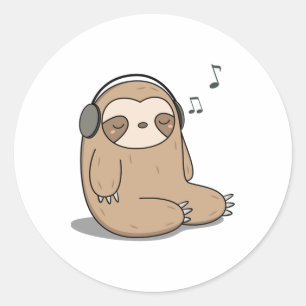Sticker Rond Kawaii Jolie Sloth Écouter De La Musique