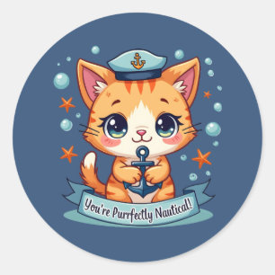 Sticker Rond Kawaii Nautical Cat Ancre Pun