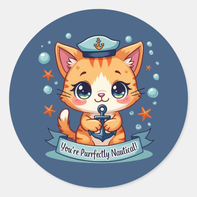 Sticker Rond Kawaii Nautical Cat Ancre Pun (Devant)