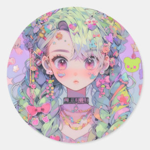 Sticker Rond Kawaii Pastel Harajuku Anime Girl avec tresses